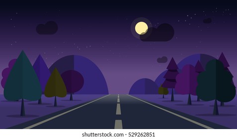 Night scene vector illustration, flat cartoon style night sky with stars and full moon, forest trees, road to mountains, light, highway, nature landscape
