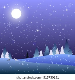 Night scene winter landscape with full moon on a starry sky in forest and snow. Night blue background. Vector Illustration.