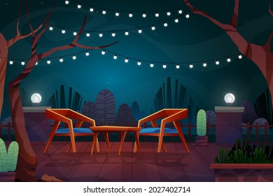 Night scene with wooden chair with coffee table and lamp with lighting in park cartoon cityscape vector illustration