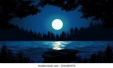 Night scenery at beautiful lake with full moon and boat. Vector nature landscape