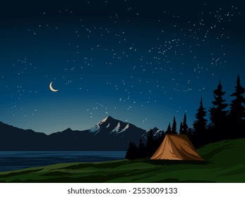 Paisagem noturna com acampamento no lago