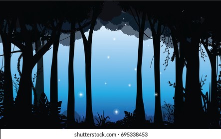 Night Scenery of Deep Forest with Light, Forest Silhouette Vector Illustration