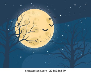 Night scenery and flying bats   full moon vector illustration  Cartoon drawing dark creepy forest  branches trees  starry sky and moon   bats  Nighttime  Halloween concept