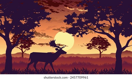 night scenery in forest with deer and moonlight