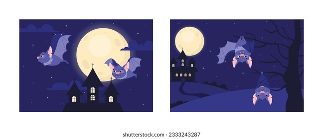 NIght scenery with funny bats characters at spooky old castle background, flat cartoon vector illustration. Halloween cards or posters layout with flying bats.