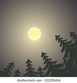 Night Scenery with Moon and Pines Bottom View.Vector Illustration.
