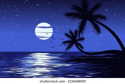 Night scenery at sea with moon, stars and palm trees. Vector landscape illustration