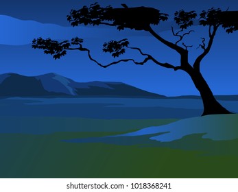 Night Scenery with Silhouette of Tree - Background Landscape Vector Image