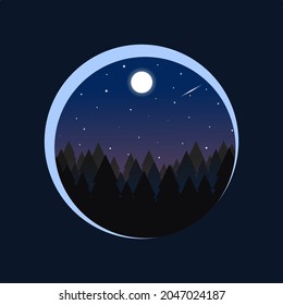 Night scenery vector illustration. Starry sky with pine forest.