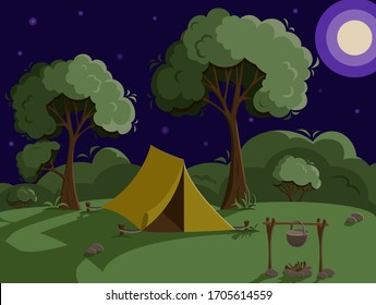 Night scenic landscape with green forest and yellow camping tent. Summer travel poster or sticker design. Vector illustration in flat style