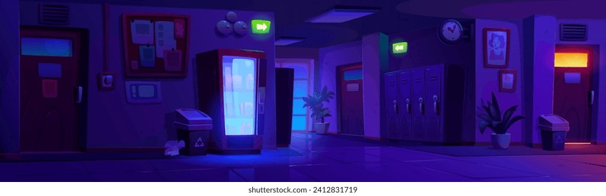 Night school corridor with lockers. Vector cartoon illustration of dark hall with classroom doors, vending machine selling snacks, information board and portrait on wall, metal cabinets, exit signs