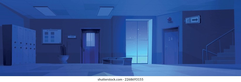 Night school hallway interior. Vector cartoon illustration of college or university corridor with class, office, wc doors, window view at dark starry sky, metal lockers, exit arrow sign above stairs