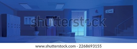 Night school hallway interior. Vector cartoon illustration of college or university corridor with class, office, wc doors, window view at dark starry sky, metal lockers, exit arrow sign above stairs