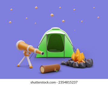 Night science camping with telescope. Stargazing. Entertainment by evening fire. Tourist trips with astronomical equipment. Vector color concept in cartoon style
