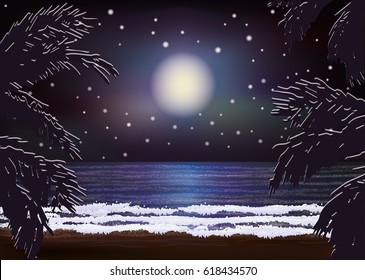 Night sea background, vector illustration