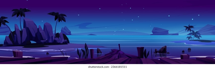 Night sea beach with wood pier summer background. Wooden embankment near ocean with tropical palm tree and sky view at nighttime. Outdoor timber path with seascape dark wallpaper illustration