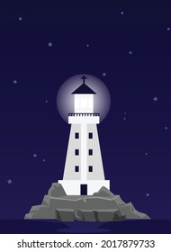 Night sea coast landscape with lighthouse standing on rocks, flat vector illustration. Banner or poster with white beacon tower with turned on searchlight.