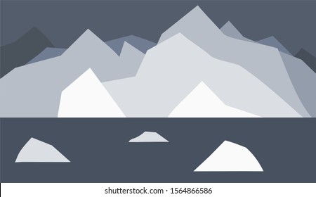 Night sea with ice mountains and icebergs