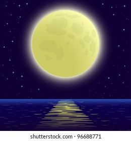 Night sea landscape background, star sky and big bright moon. Vector