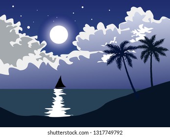 night sea landscape flat design vector