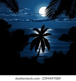 Night sea landscape with full moon