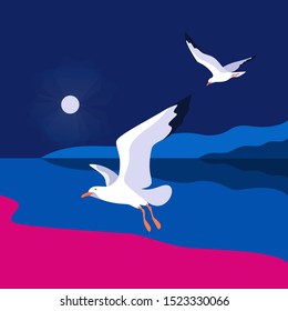 Night sea landscape with gulls. Sea coast, sky, moon, flaying seagulls. Vector illustration