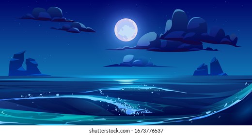 Night sea landscape with moon, stars and clouds in dark sky. Vector cartoon illustration of midnight scene of ocean waves with rocks and moonlight reflection