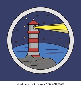 Night sea landscape with stars. Lighthouse on rock stones island. Vector illustration of navigation beacon