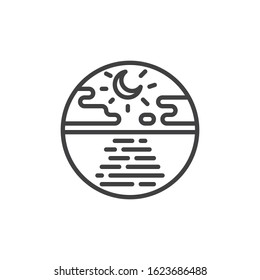Night sea with moon and clouds line icon. linear style sign for mobile concept and web design. Tranquil seascape outline vector icon. Symbol, logo illustration. Vector graphics