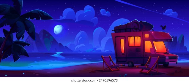 Night sea or ocean beach with camper van and two lounge chairs on shore. Dark dusk landscape with tourist motorhome. Cartoon vector illustration of summer vacation trip and adventure on caravan car.