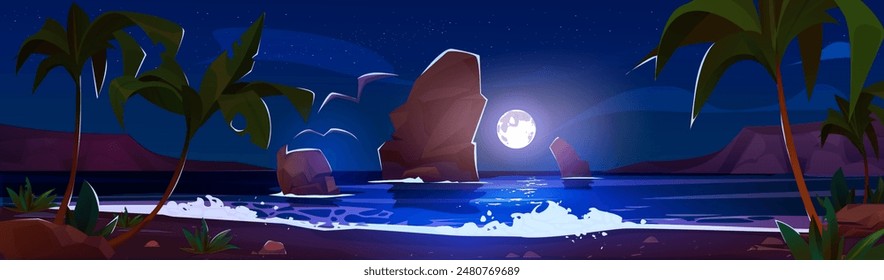 Night sea or ocean tropical lagoon with palm trees on sand beach. Dusk landscape with water surface, rock mountains, dark blue sky with full moon. Cartoon vector tropic coastline under moonlight.