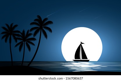 Night at sea with palm trees, moon and boat