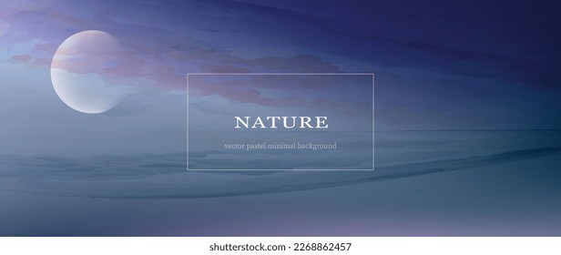 Vistas panorámicas al mar nocturno. Banner vectorial, nubes texturadas de acuarela y agua. Arte creativo, fondo mínimo en colores azul oscuro y violeta. 