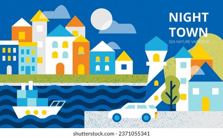 Cartel de Ciudad del Mar Nocturno. Ilustración vectorial de la ciudad de Ucrania. Olas de agua y edificios.