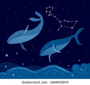 Night sea with two whales under the starry sky. Cetus constellation.