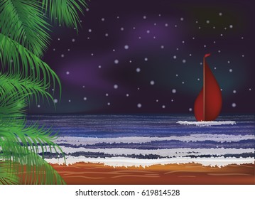  Night sea wallpaper, Scarlet sails.vector illustration