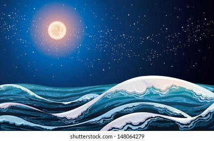 Night sea with waves on a starry sky with full moon.