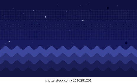 Night sea waves pixel art background. 2d backdrop for 8-bit retro video game or mobile application. Seamless when docking horizontally.