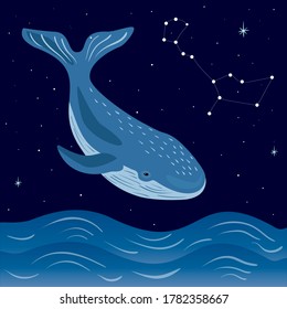 Mar nocturno con ballena y cielo estrellado. Constelación de ballenas.