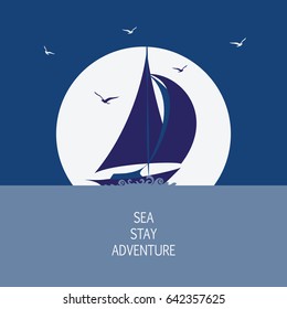 Night, sea, yacht and seagulls. Emblem, logo, badge. Stylized sailboat on the waves. Design for a banner, poster, printing on fabric and paper.