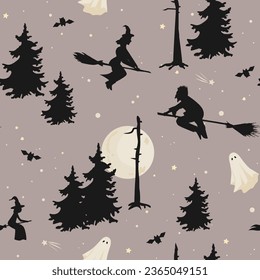 Night seamless background with withes and ghost flying above the forest in the night sky. Vector clip art for Halloween Party.
