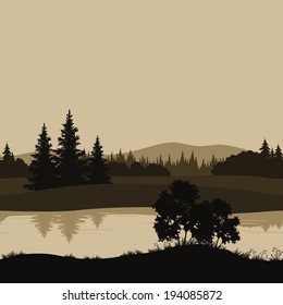 Night seamless landscape, mountains, river and trees silhouettes. Vector