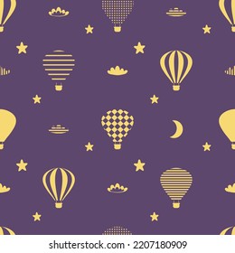 Night seamless pattern with balloons, clouds, moon and stars. Perfect print for tee, textile, paper and fabric. Vector illustration for surface design.

