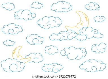 Night seamless pattern with blue simple doodle clouds and moon. Kids background.