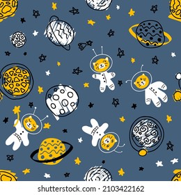 Night seamless pattern with cats astronauts discover universe. Perfect for T-shirt, textile and print. Hand drawn vector illustration for decor and design.
