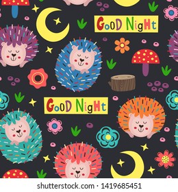 night seamless pattern with colorful hedgehogs - vector illustration, eps