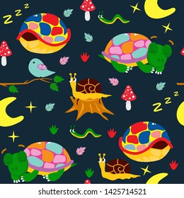 night seamless pattern with colorful turtles - vector illustration, eps