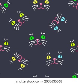 Night seamless pattern with cute cat muzzles. Perfect for T-shirt, textile and prints. Doodle vector illustration for decor and design.
