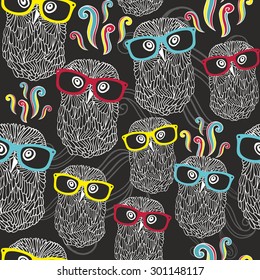 Night seamless pattern with disco owls in sunglasses. Vector party texture.