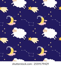 Night seamless pattern, dream sky. Background for kids with sheep or lamb, crescent moon, constellation and stars. Vector design